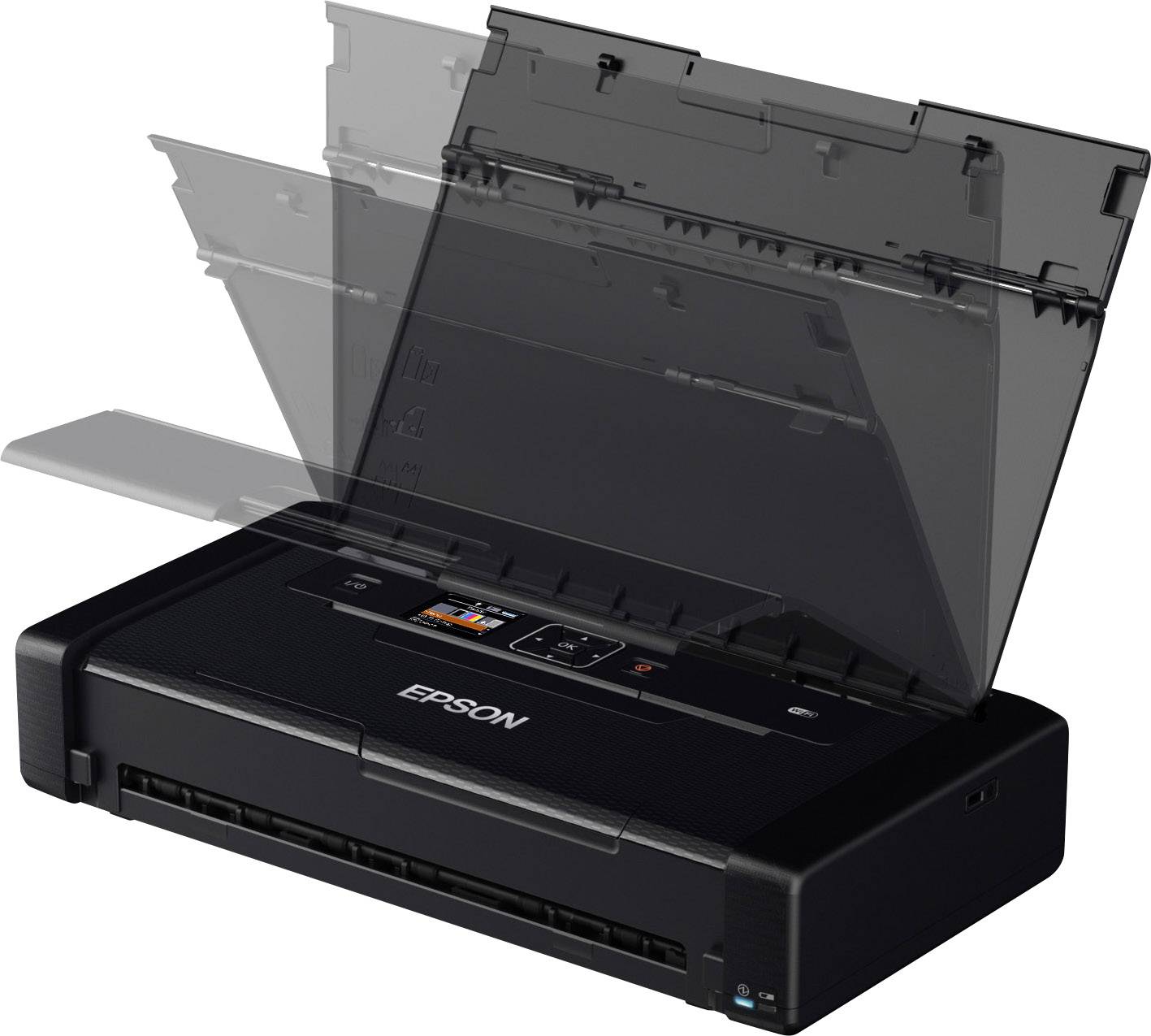 Una stampante inkjet compatta, di colore nero, con il vassoio carta aperto, adatta all'uso mobile. Nome del marchio visibile.