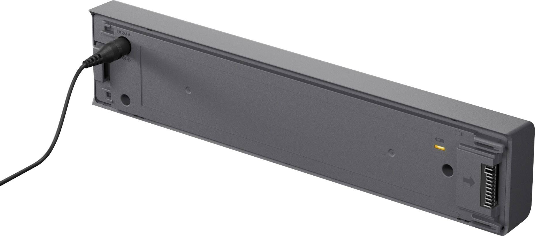 Alimentatore con connettore per cavo di rete, spia LED illuminata in arancione.