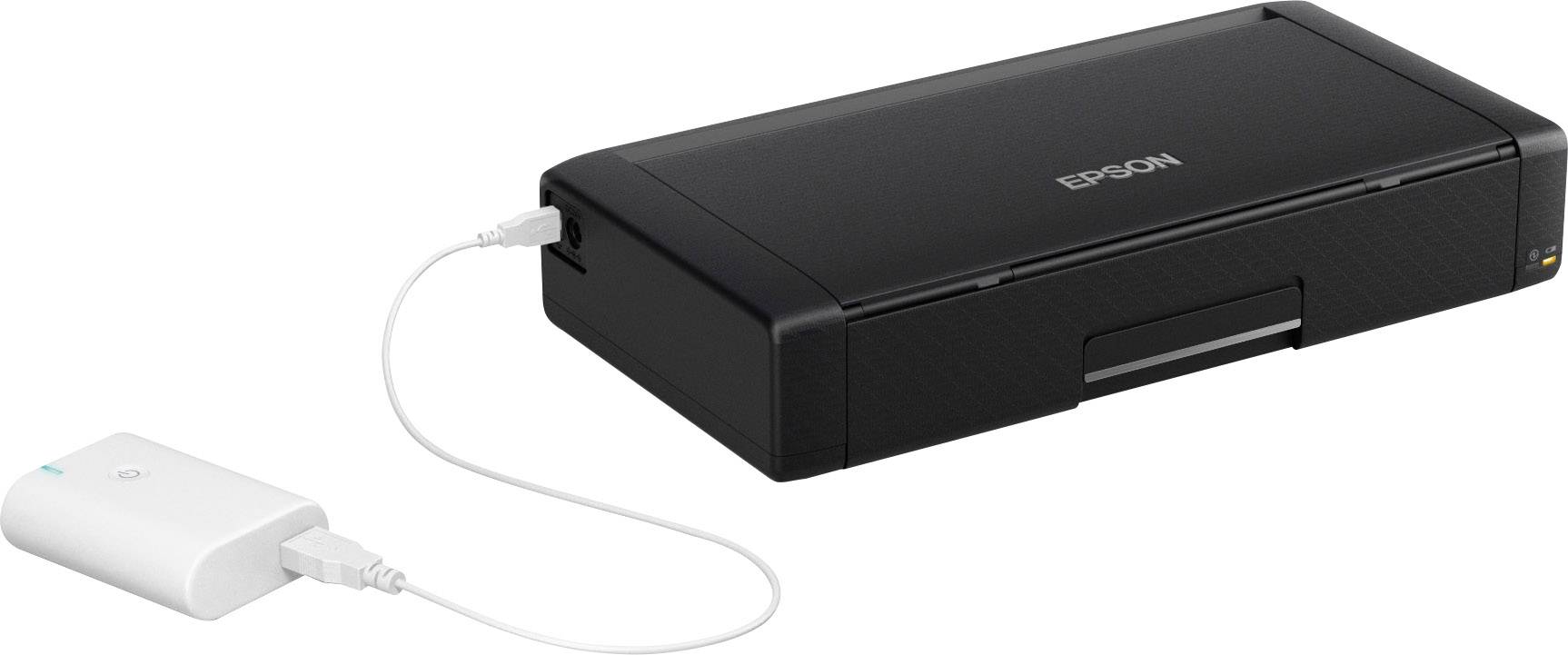 Una stampante portatile con una batteria esterna collegata. La batteria è bianca, e la stampante è nera e rettangolare.