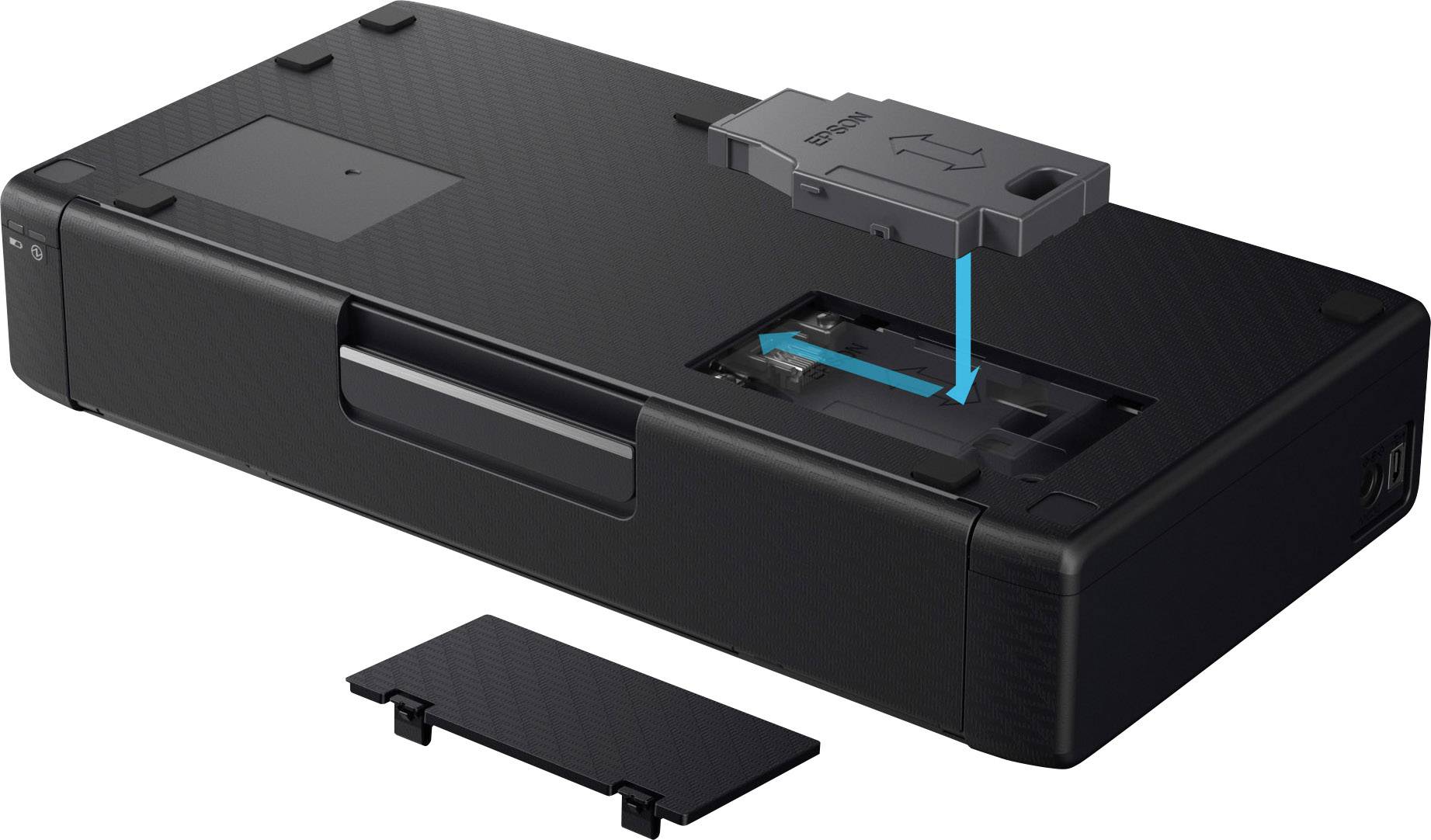 Un dispositivo nero con il coperchio rimosso mostra uno slot aperto per un adattatore che viene inserito dall'alto.