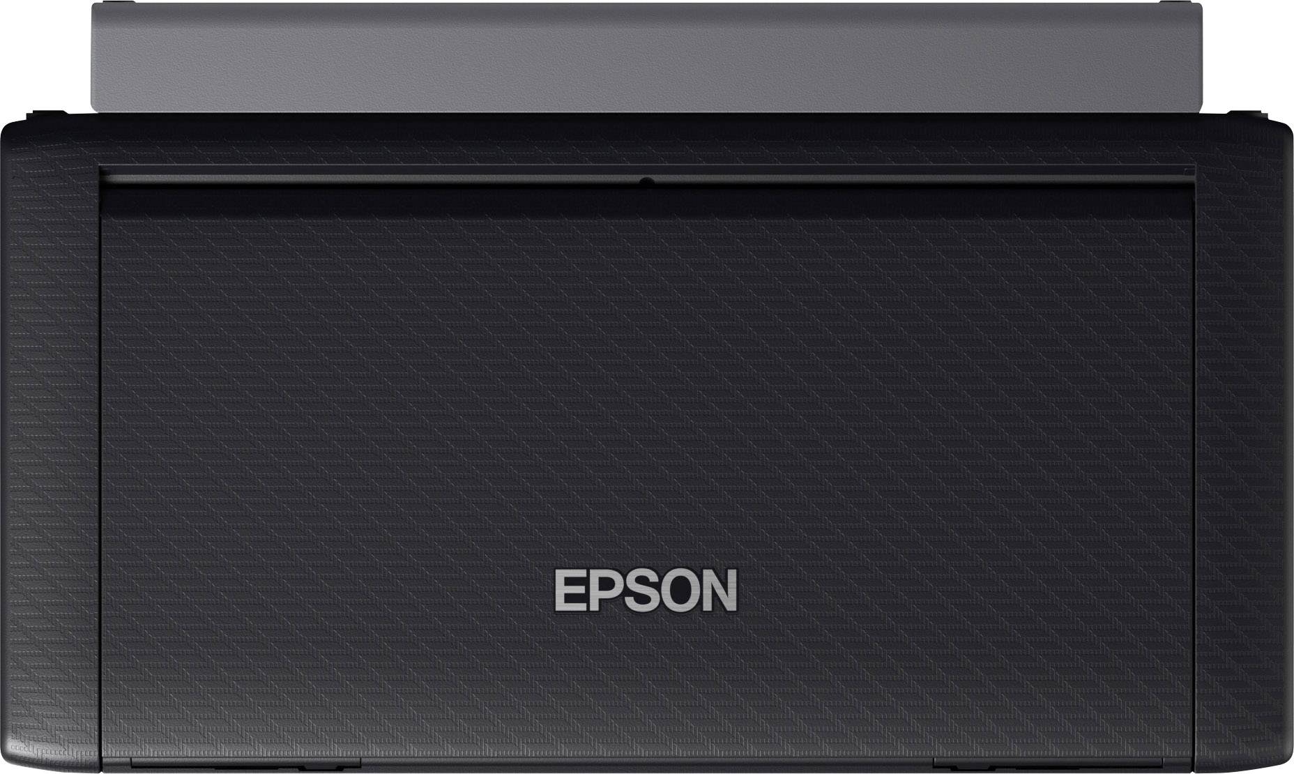 Una stampante Epson nera vista frontalmente, dal design compatto e moderno, con il logo del marchio chiaramente visibile al centro.