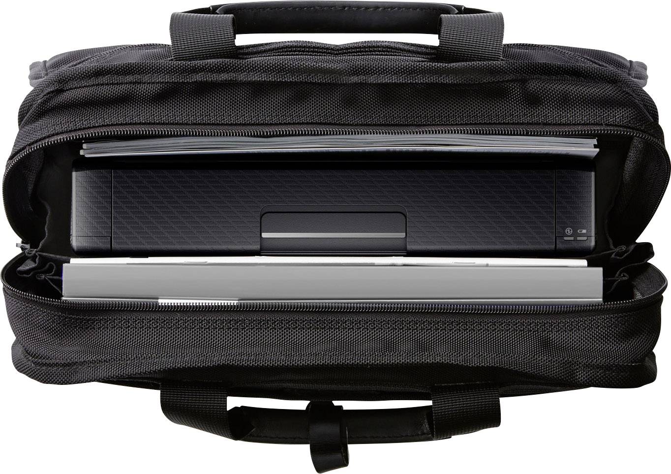 Scanner di espressioni e laptop in una borsa a tracolla nera aperta. La borsa ha una cinghia e un manico.