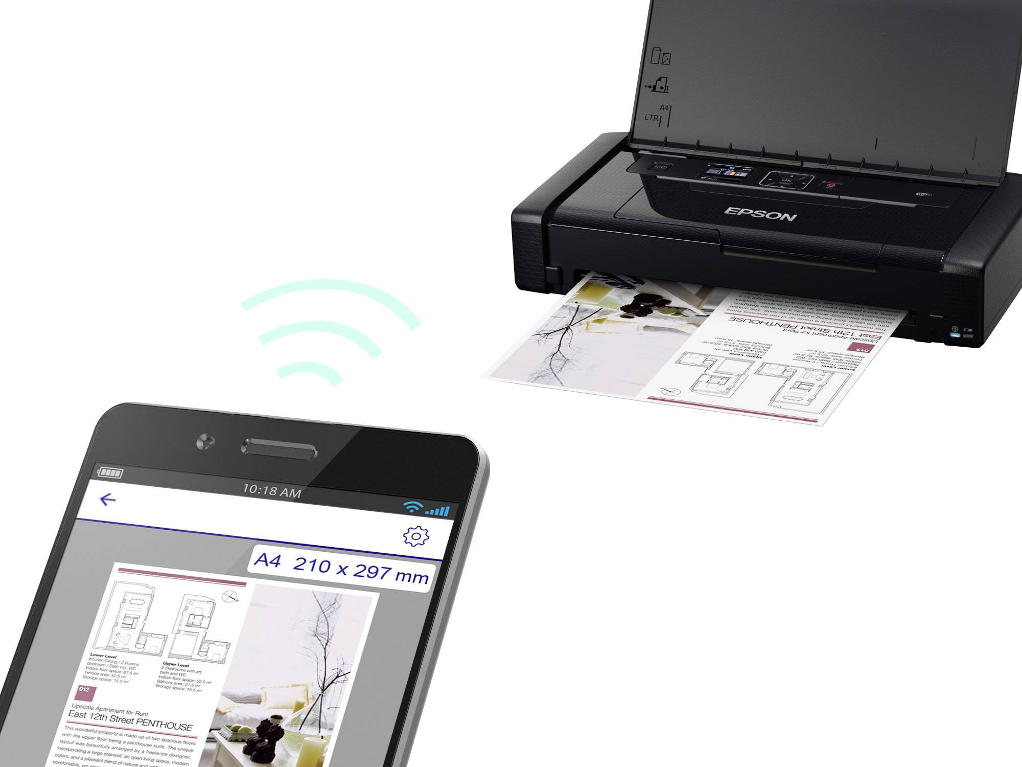 Un smartphone invia un documento in modalità wireless a una stampante, che lo stampa in formato A4.
