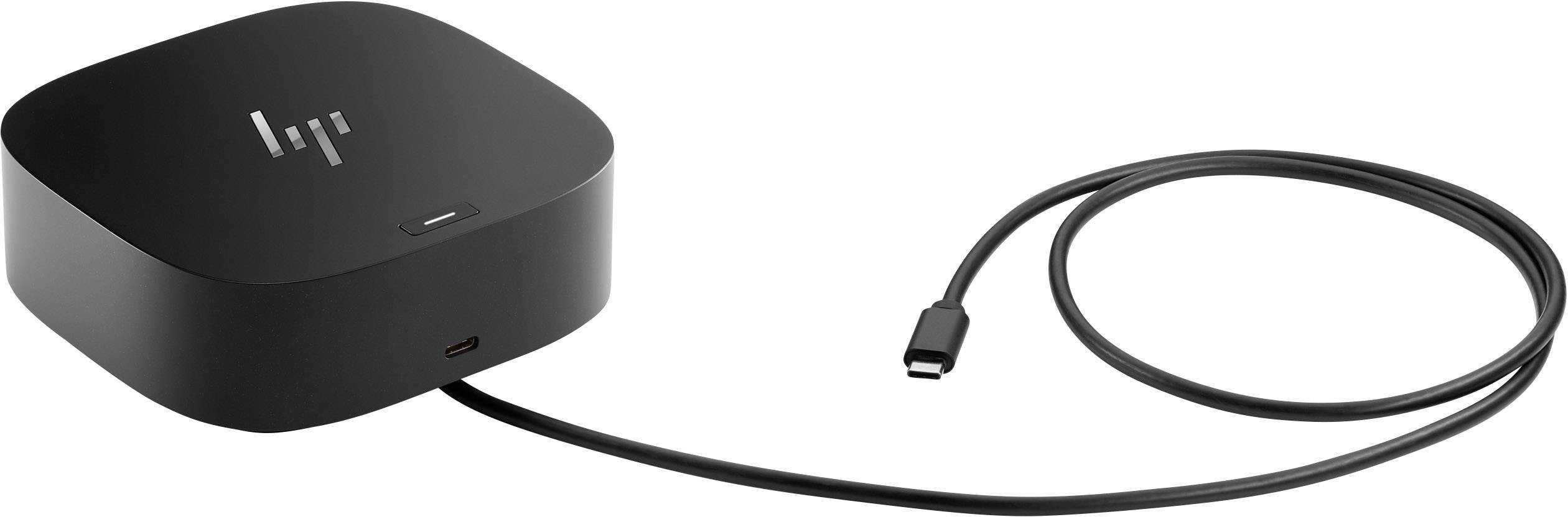Una stazione di aggancio nera con un cavo USB-C inserito, il logo HP è visibile in alto sul dispositivo.