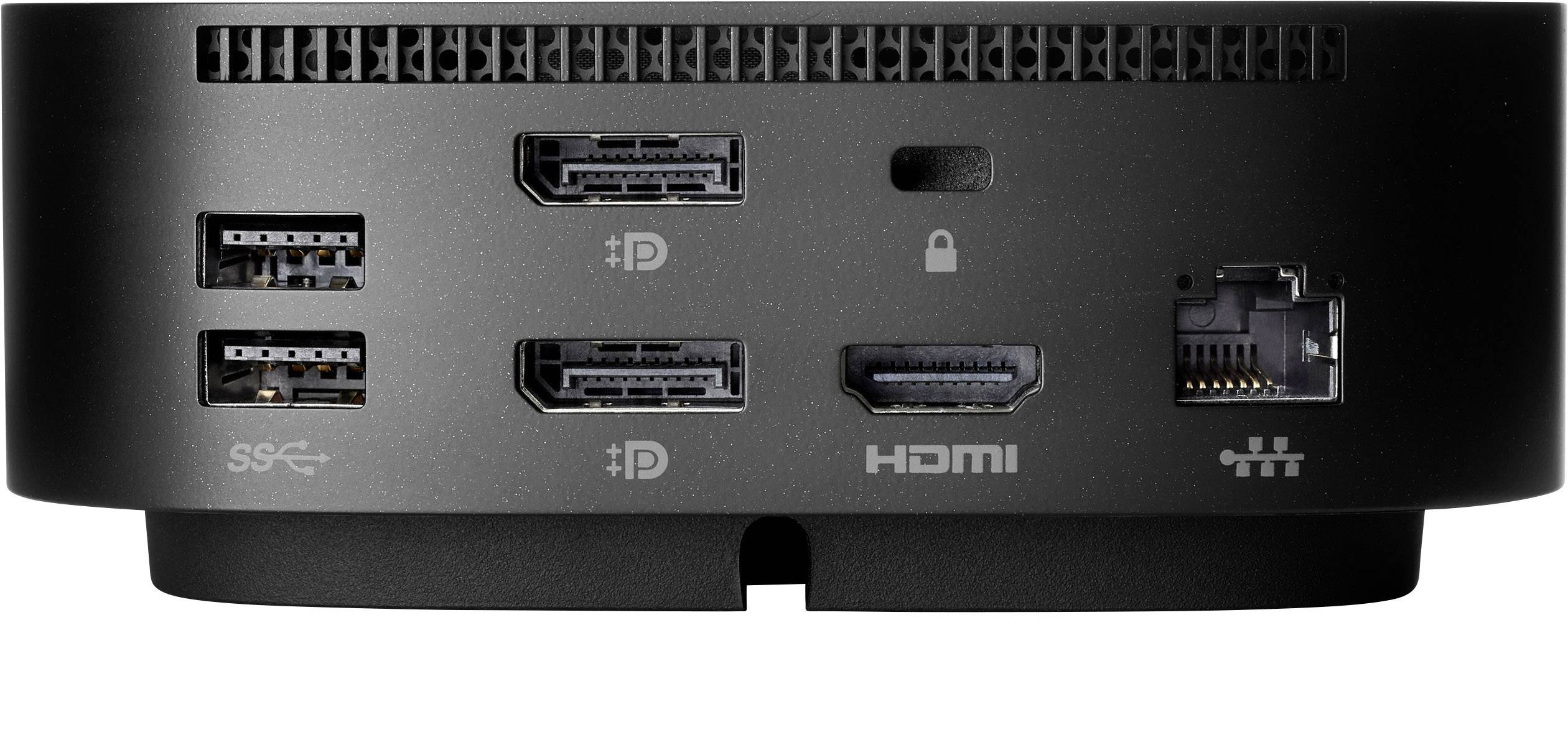 Retro di un dispositivo informatico nero con connettori: due porte USB, due DisplayPort, HDMI, Ethernet e uno slot per lucchetto Kensington.