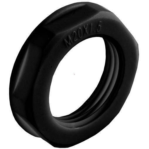 Un dado esagonale nero in plastica con la scritta 'M20x1.5' sulla superficie superiore.