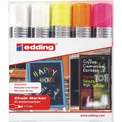 Set di otto marcatori a gessetto in diversi colori di edding. La confezione mostra lavagne di esempio con menu e happy hour.