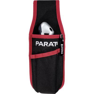 Borsetta degli attrezzi di Parat con un coltello e una penna nei suoi scomparti. Ha un design nero e rosso ed è utile per artigiani.