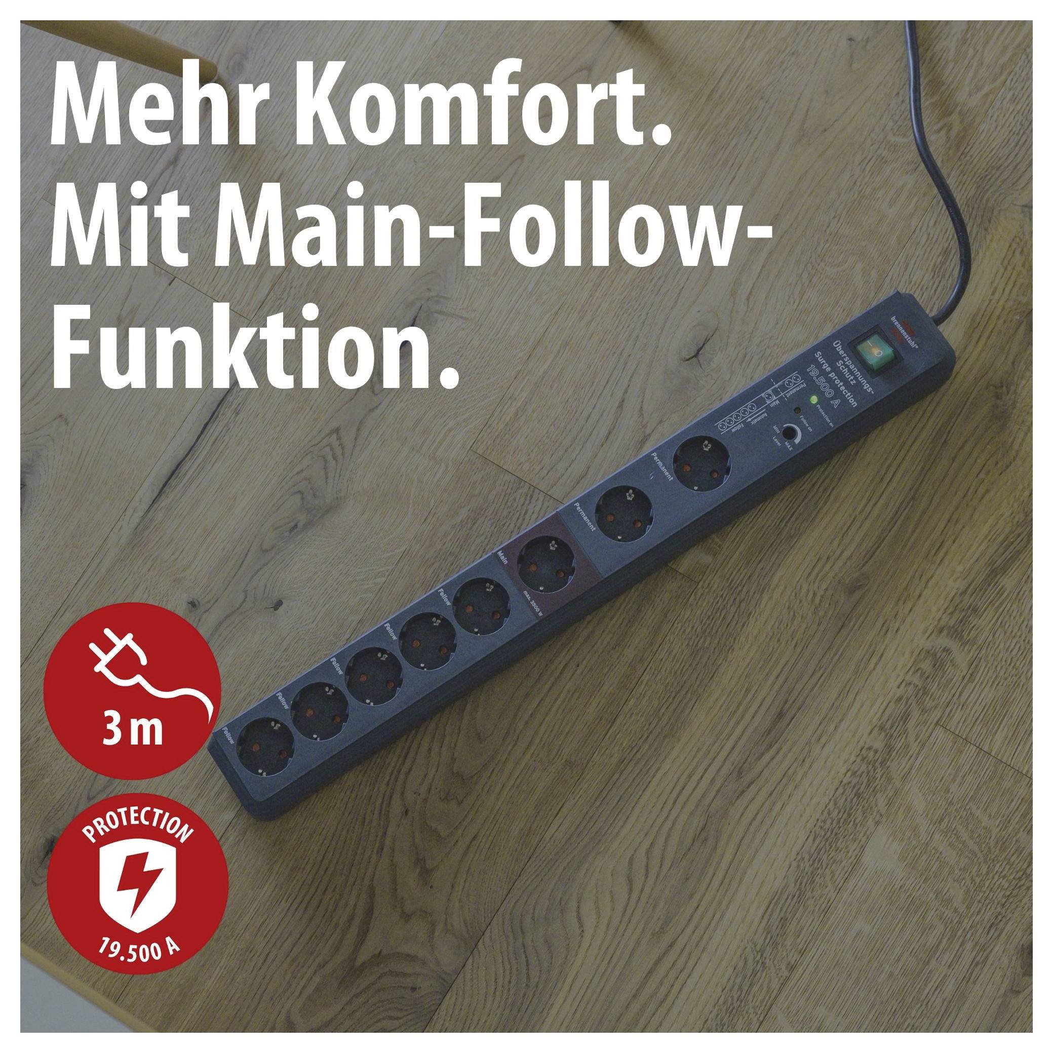 Multipresa con funzione Main-Follow su pavimento in legno; Testo: 'Più comfort. Con funzione Main-Follow.' nonché simboli per cavo di 3 m e protezione 19.500 A.
