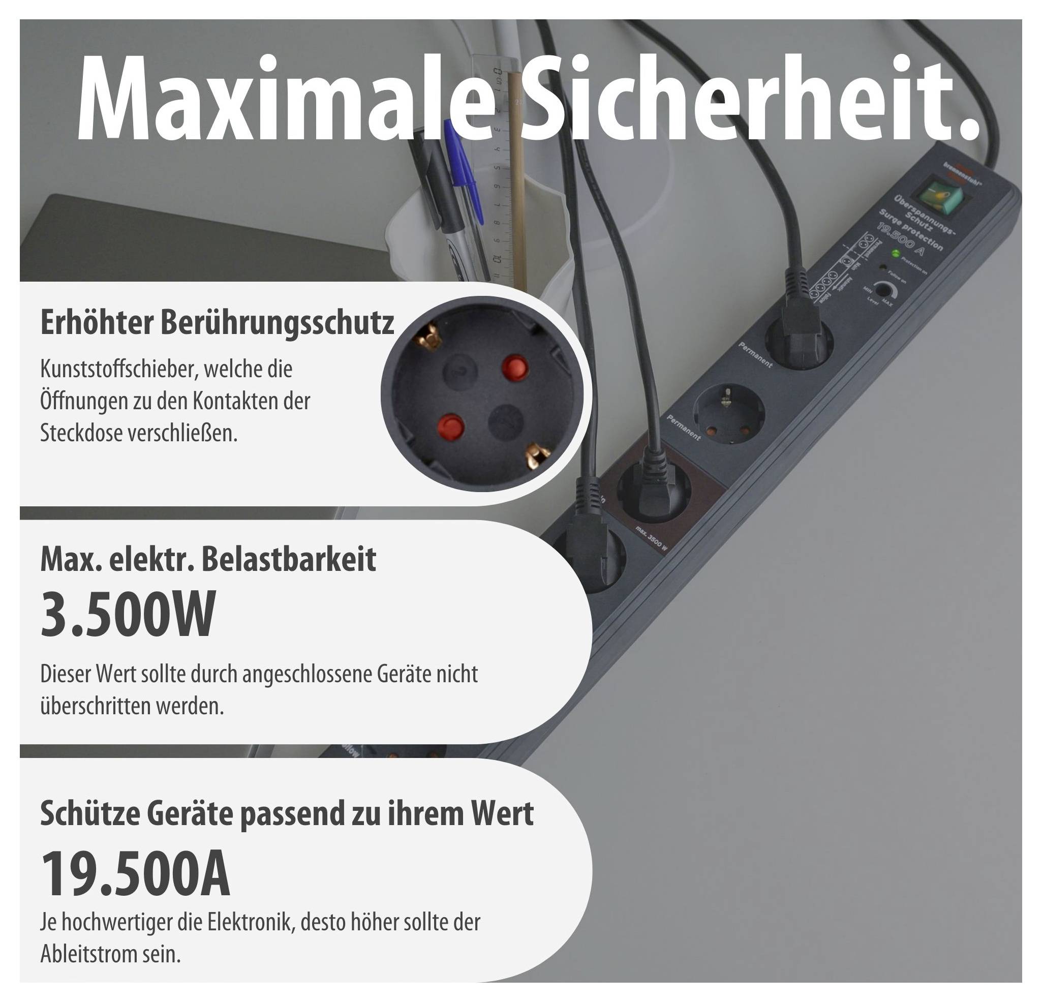 Grafica pubblicitaria per ciabatta elettrica con indicazione "Massima sicurezza" e tre vantaggi: protezione al tocco, max. 3.500W, corrente di dispersione 19.500A.