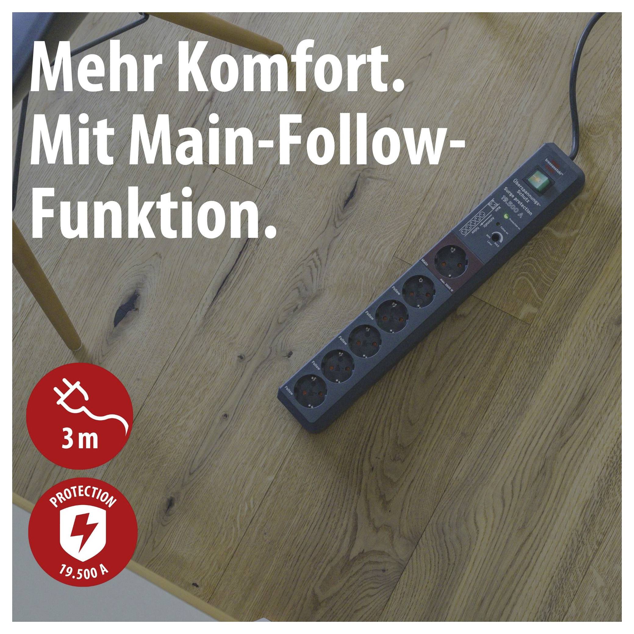 Multipresa su tavolo di legno con testo "Più Comfort. Con funzione Main-Follow." e simboli per cavo da 3 m e protezione 19.500 A.