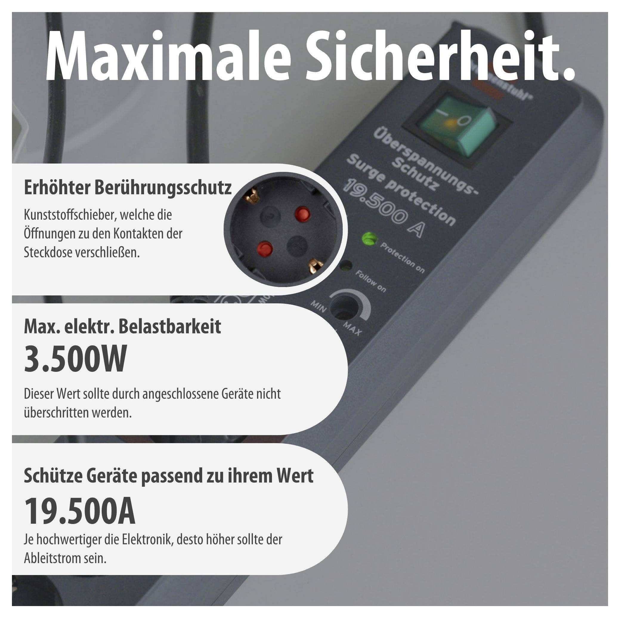Annuncio pubblicitario per la protezione da sovratensioni con il titolo 'Massima Sicurezza', mostra protezione potenziata dal contatto, 3.500 W e 19.500 A per la protezione delle prese.