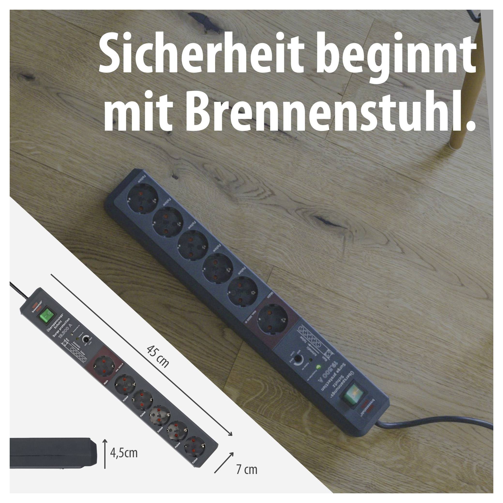 Immagine pubblicitaria per una ciabatta elettrica con il testo 'La sicurezza inizia con Brennenstuhl.'; mostra una multipresa allungata su pavimento in legno con indicazioni di misure.