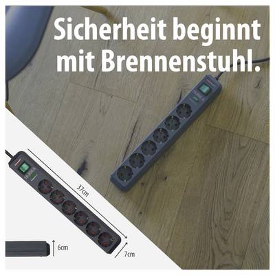 Immagine pubblicitaria di una ciabatta Brennenstuhl su un pavimento in legno con il testo "La sicurezza inizia con Brennenstuhl." e le misure 37 cm, 7 cm e 6 cm.