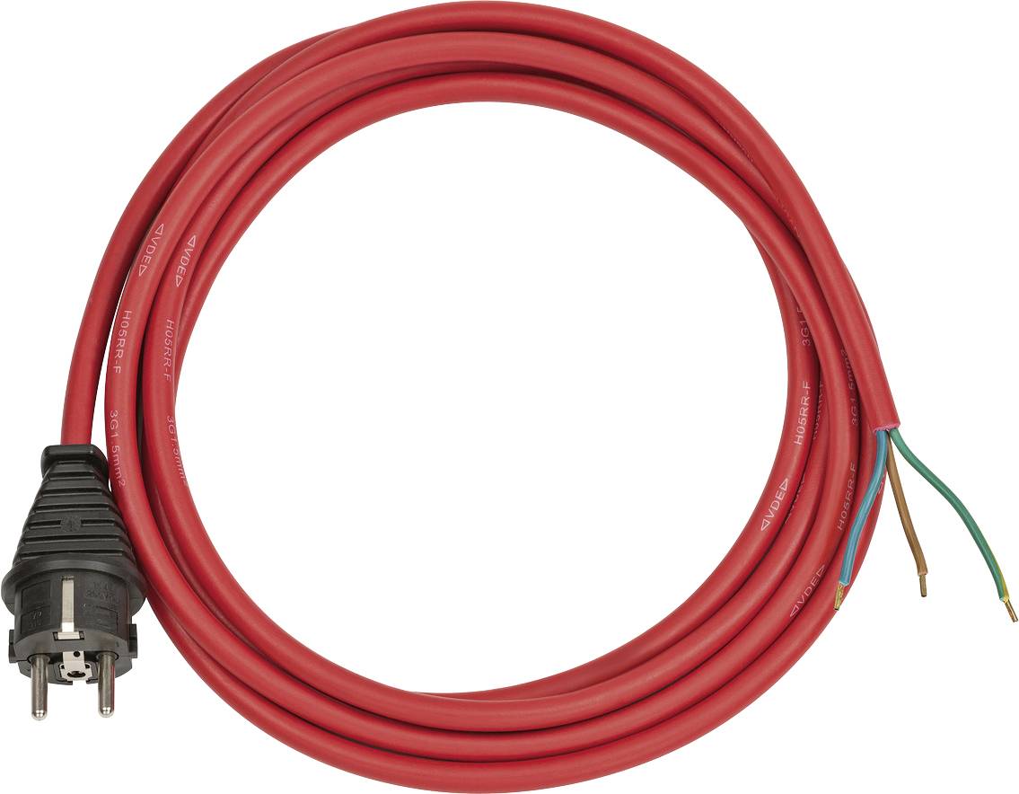 Cavo di alimentazione elettrica rosso con spina messa a terra a un'estremità e fili scoperti all'altra estremità, arrotolato su uno sfondo bianco.
