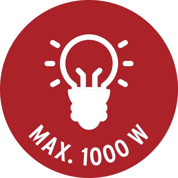 Cartello circolare rosso con icona di lampadina bianca e testo 'MAX. 1000 W', che indica un limite massimo di 1000 watt.