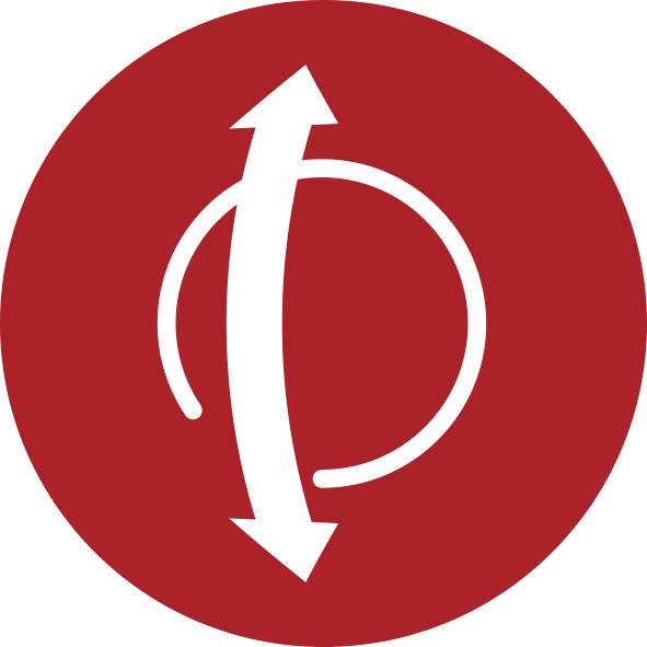 Icona circolare rossa con una freccia verticale bianca a doppia punta su una linea curva, che suggerisce rotazione o movimento bidirezionale.