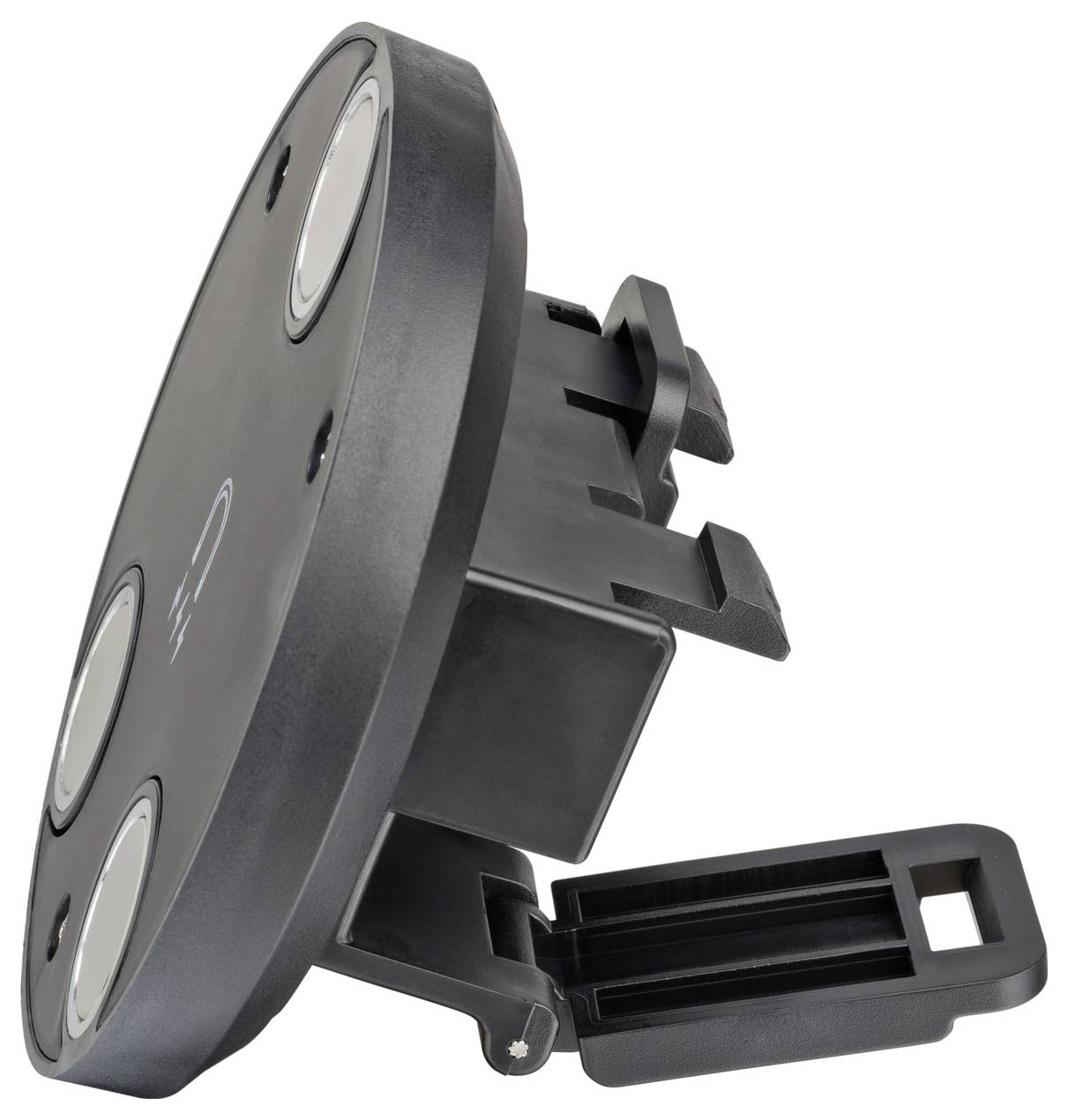 Dispositivo circolare nero in plastica con tre contatti metallici tondi e un gancio laterale con cerniera, mostrato su uno sfondo bianco.