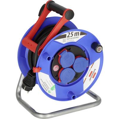 Avvolgicavo blu da 25 m su supporto in metallo, con maniglia rossa e quattro prese di corrente coperte per lo stoccaggio e l'utilizzo della prolunga.