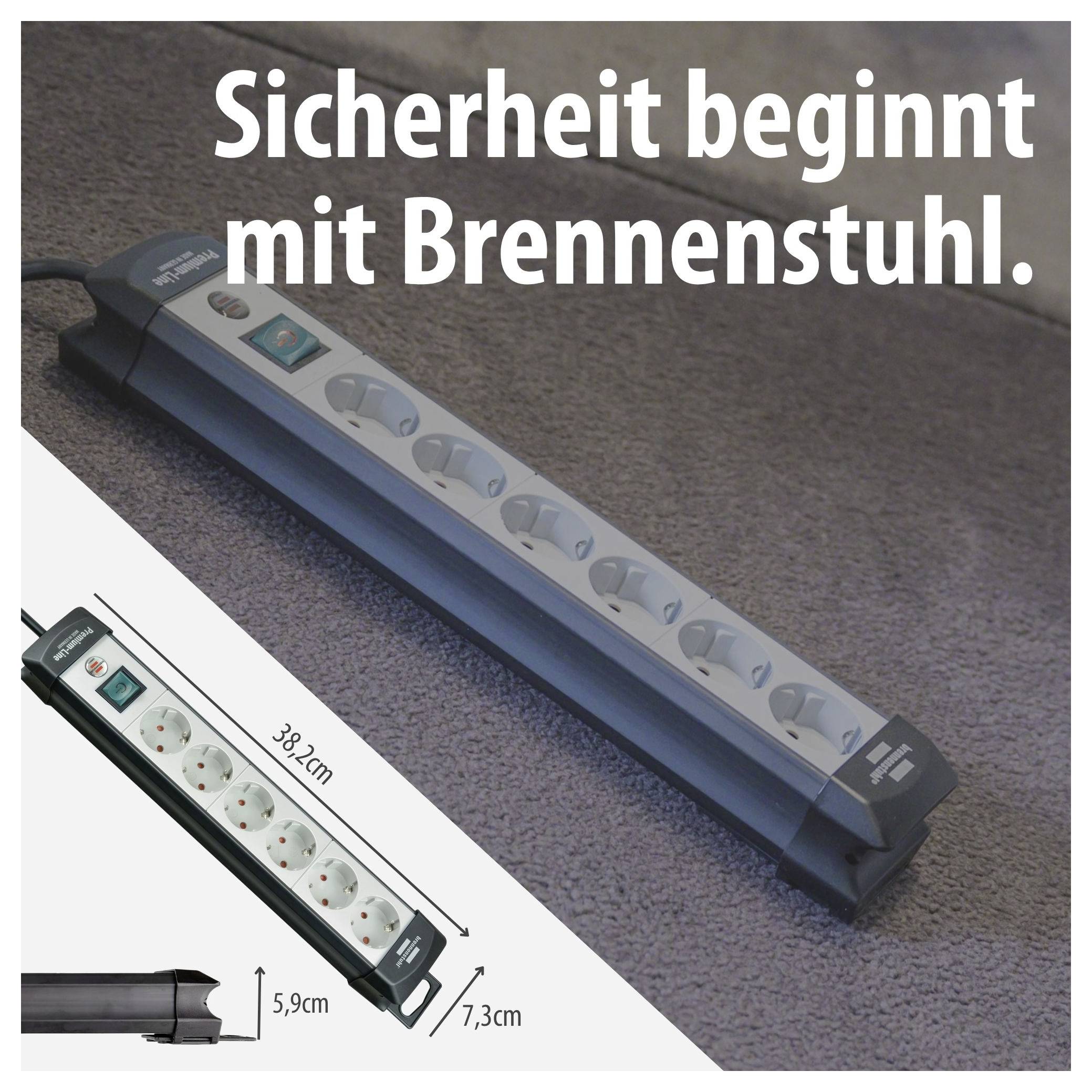 Immagine pubblicitaria di una ciabatta Brennenstuhl con interruttore accensione/spegnimento; testo "La sicurezza inizia con Brennenstuhl." e misure 38,2 cm, 5,9 cm, 7,3 cm.