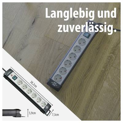 Ciabatta elettrica con sei connessioni; accanto misurazioni di 38,2 cm lunghezza, 7,3 cm larghezza e 5,9 cm altezza, con il testo 'Durevole e affidabile.'