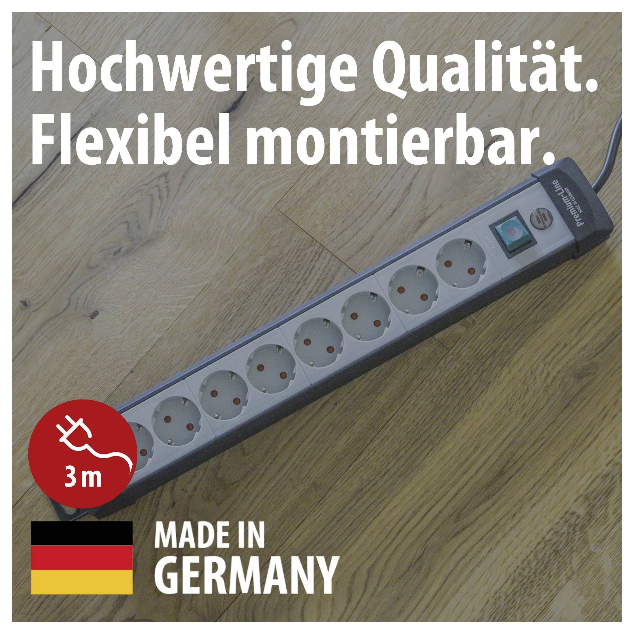Multipresa su pavimento in legno con testo "Qualità superiore. Montaggio flessibile.", 3 m e "Realizzato in Germania".