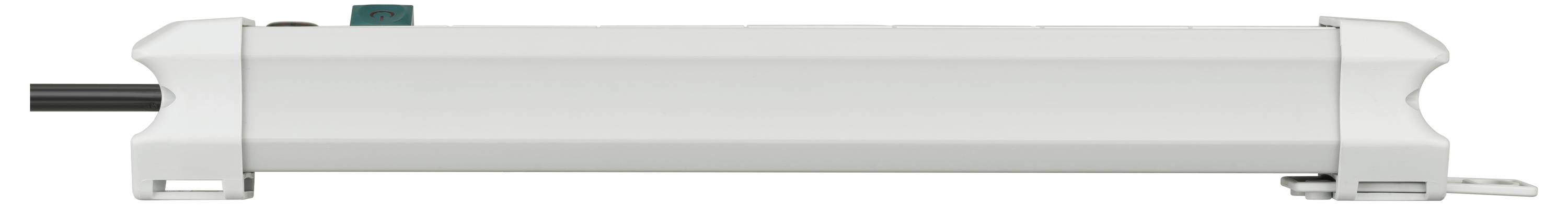 Apparecchio di illuminazione LED cilindrico bianco con supporti laterali e cavo, mostrato su uno sfondo neutro.