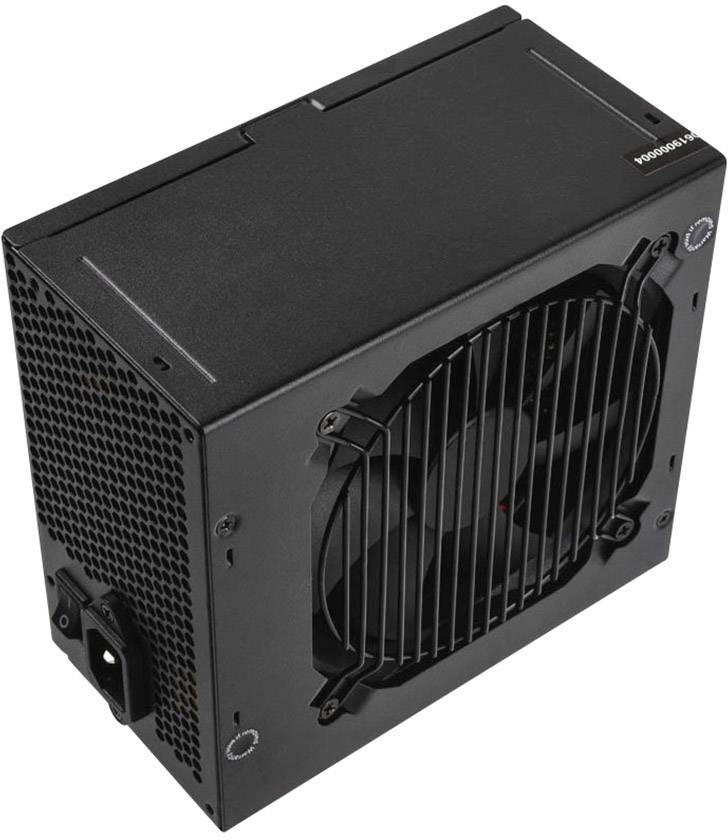 Alimentatore nero per computer, rettangolare, con ventola visibile e connettore sul retro, idoneo per l'alimentazione di PC.