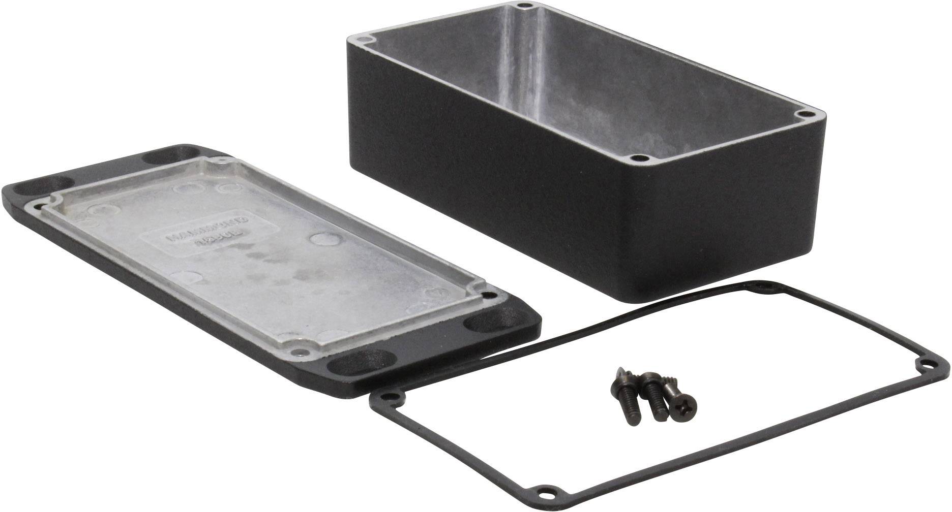 Un contenitore metallico nero rettangolare con coperchio rimosso, guarnizione e viti, rappresentato su sfondo bianco.