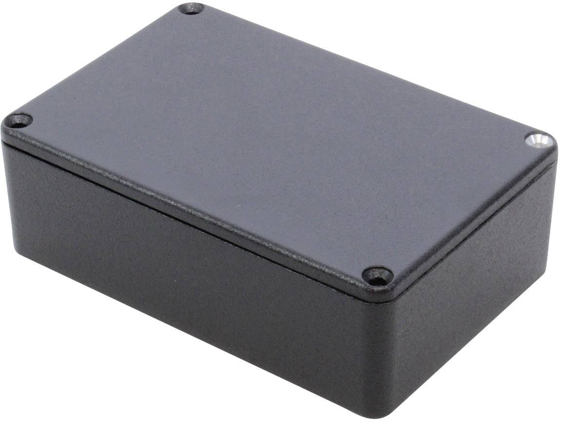 Involucro nero rettangolare con angoli arrotondati e viti in corrispondenza di ogni angolo. Utilizzato per l'incapsulamento elettrico o elettronico.