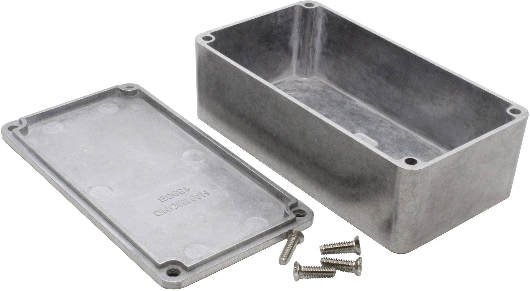 Custodia rettangolare in alluminio con coperchio rimosso e quattro viti. Adatta per la protezione di componenti elettronici.