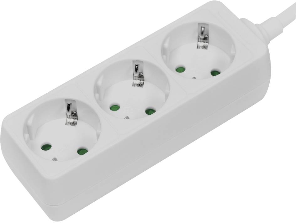 Presa multipla tripla con tre spine Schuko bianche, che offre la possibilità di collegare contemporaneamente più dispositivi.
