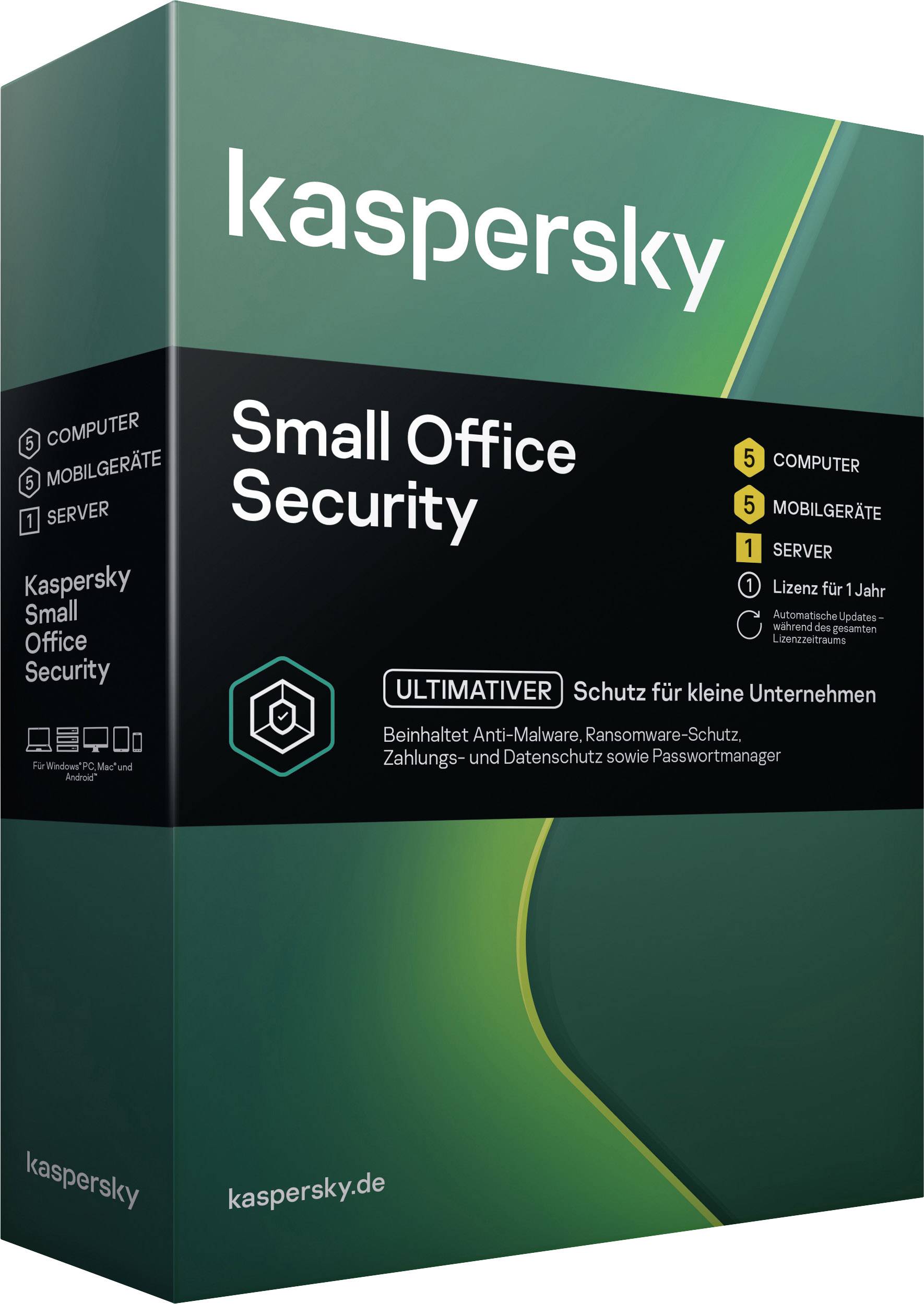 Confezione del prodotto 'Kaspersky Small Office Security' per fino a 5 computer e 5 dispositivi mobili. Protezione da malware e ransomware.