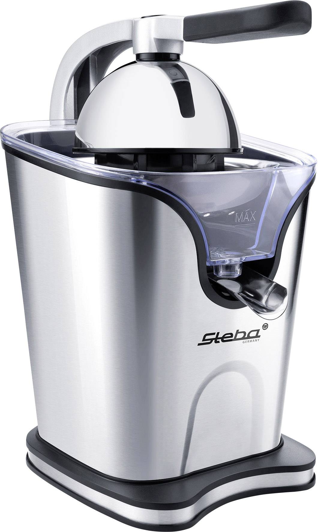 Spremi agrumi elettrico in acciaio inox con impugnatura a leva e scarico trasparente che mostra il livello massimo di riempimento. Ideale per la preparazione di succhi.