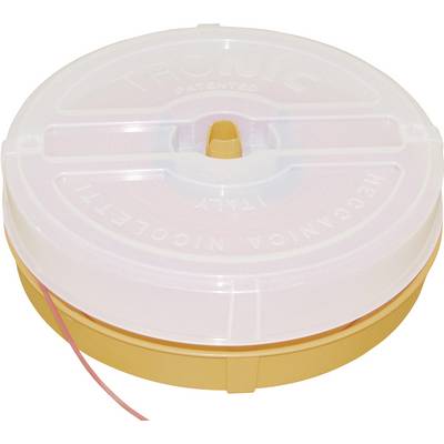 Una bobina rotonda di plastica arancione con coperchio trasparente. Contiene un cavo o un filo rosso, parzialmente visibile.