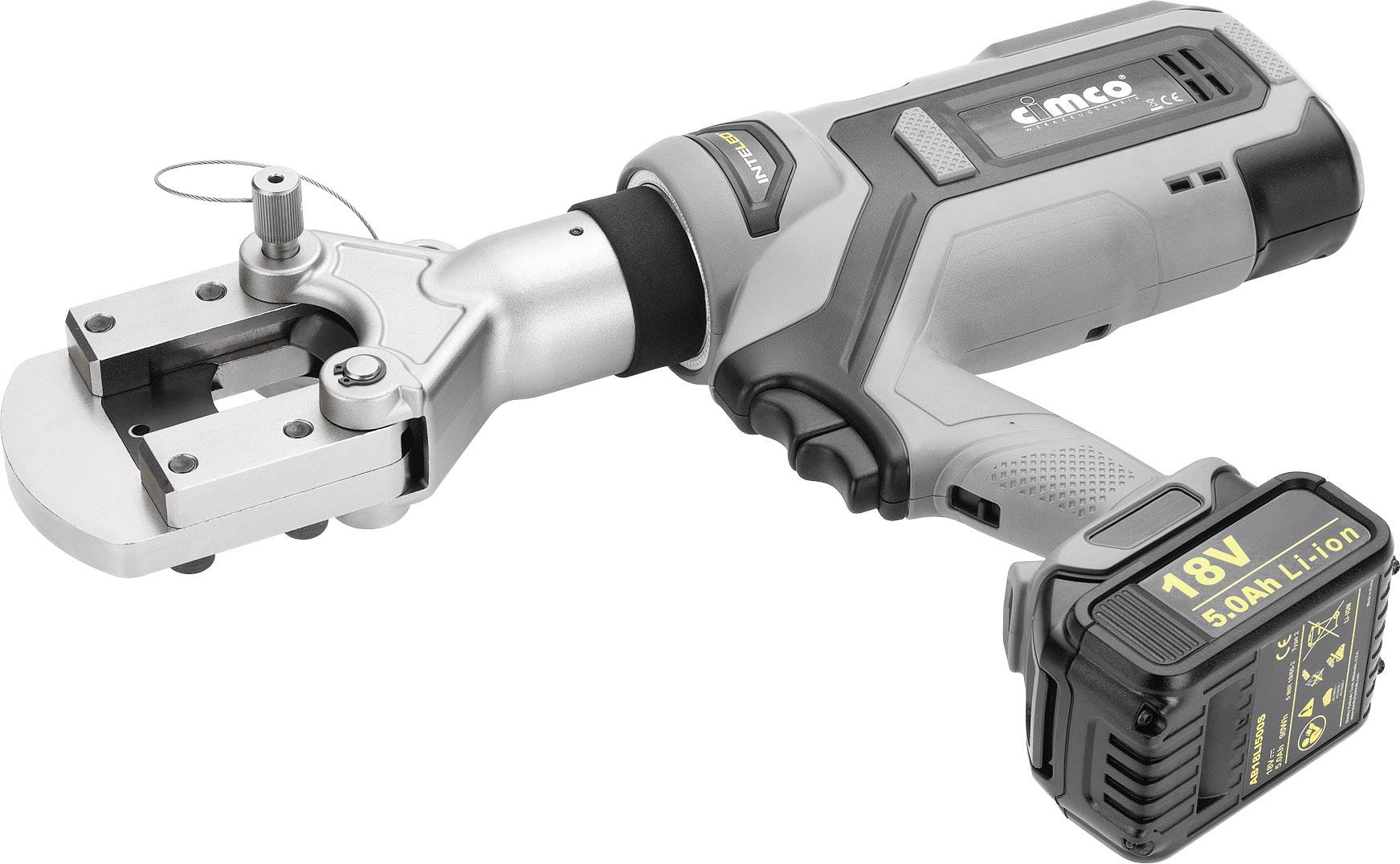 Pinza crimpatrice idraulica a batteria con batteria al litio-ione da 18V, idonea per connessioni di cavi.