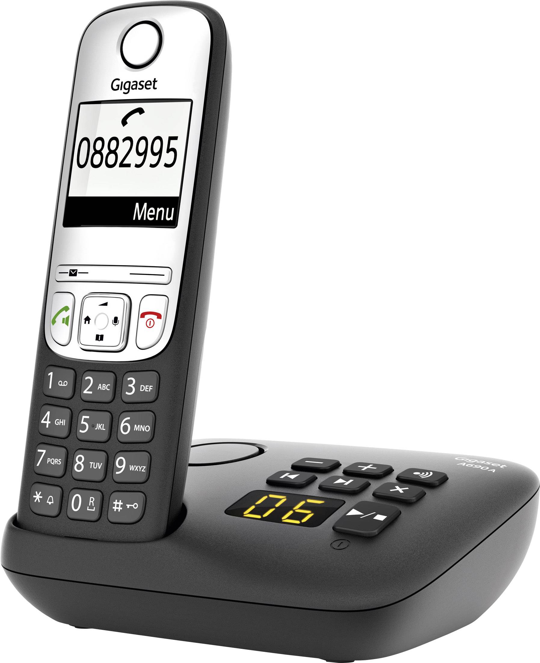 Un telefono cordless con display digitale mostra il numero '08822995'. È posizionato su una base con una spia luminosa.