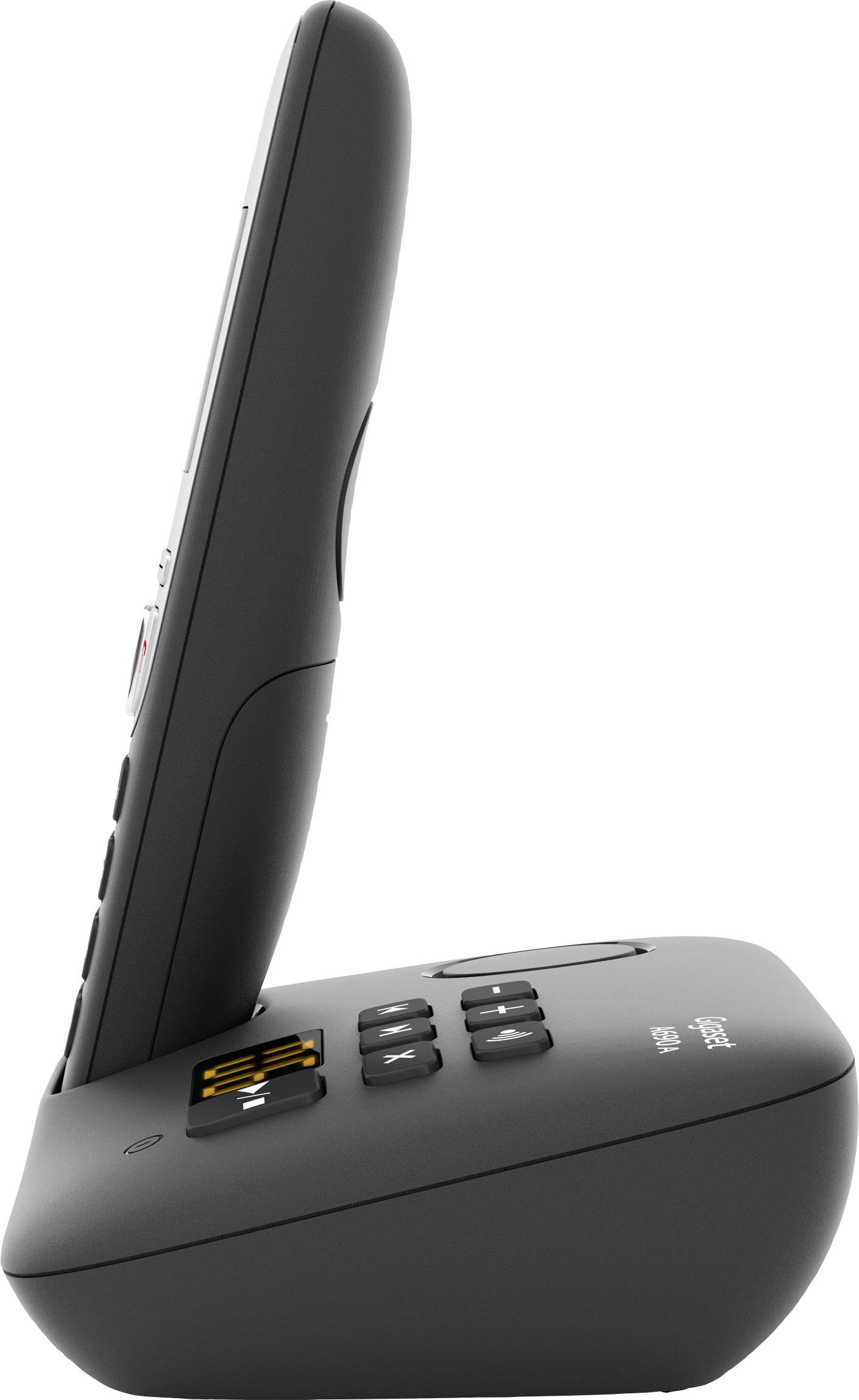 Telefono cordless in vista laterale. Modello nero su stazione di ricarica. Tasti e display visibili.