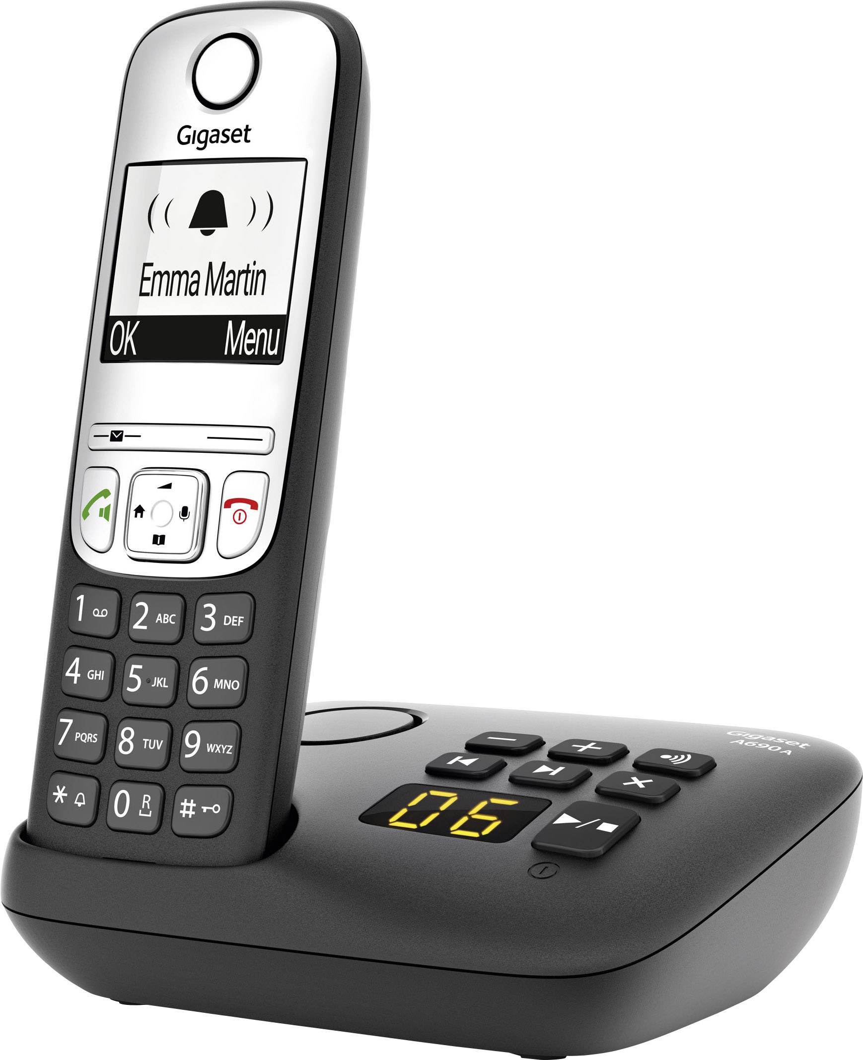 Telefono cordless Gigaset con stazione base, che mostra 'Emma Martin' sul display, con tasti per le chiamate e per il menu.