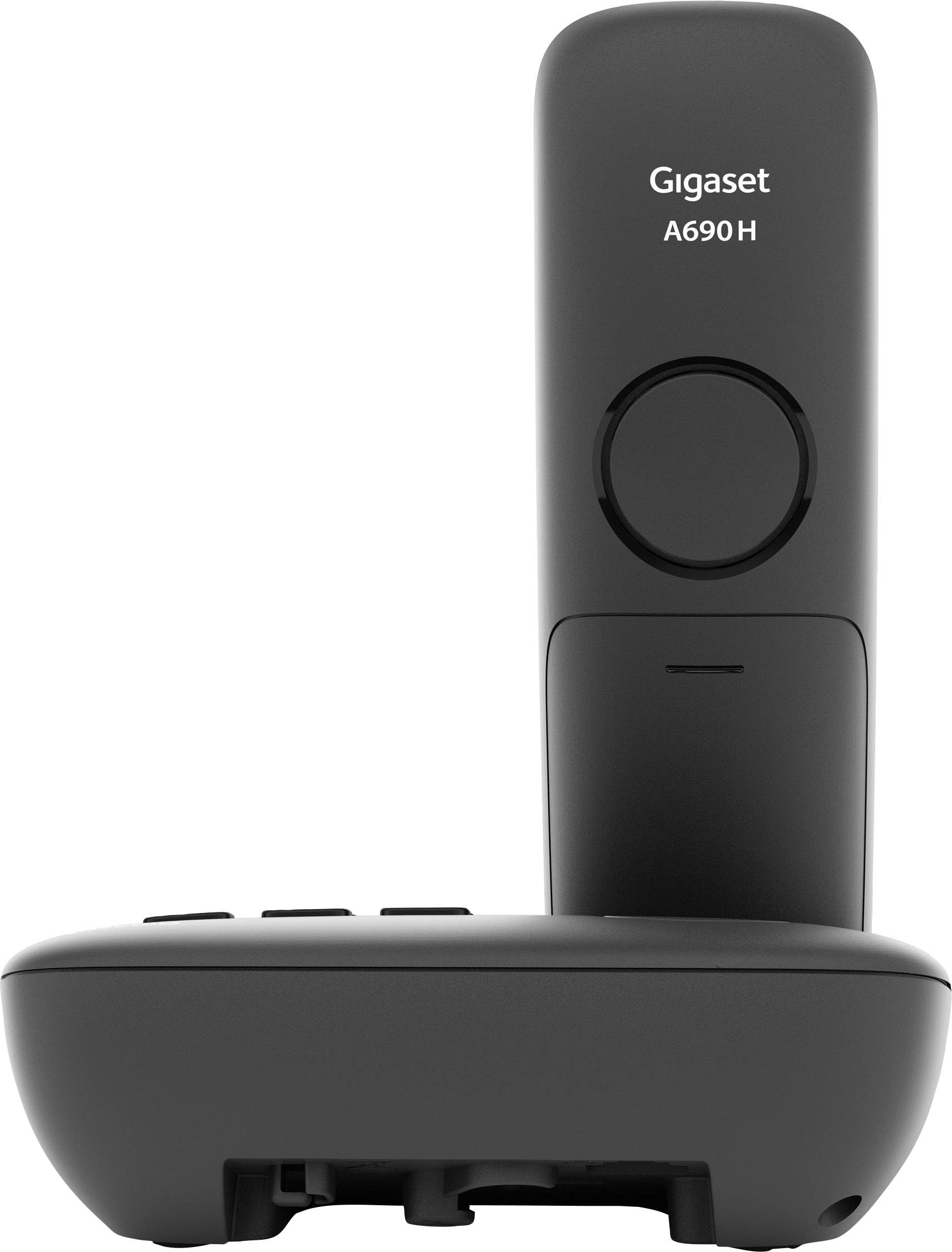 Un modello di telefono cordless Gigaset A690H in nero, composto da stazione base e cornetta con tastiera ben definita.