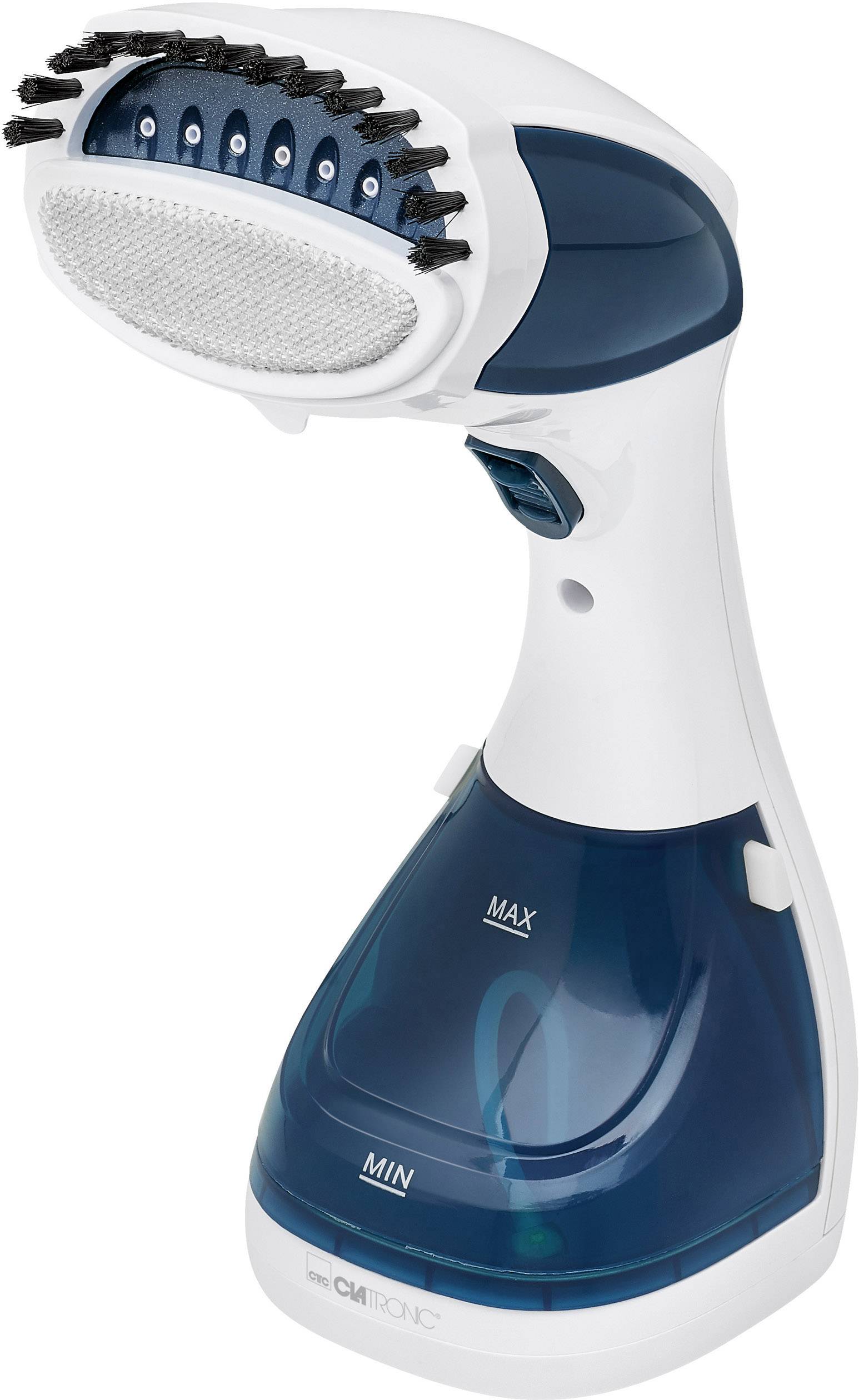 Spazzola a vapore manuale in blu e bianco con serbatoio dell'acqua e testina per lisciare e rinnovare gli indumenti.