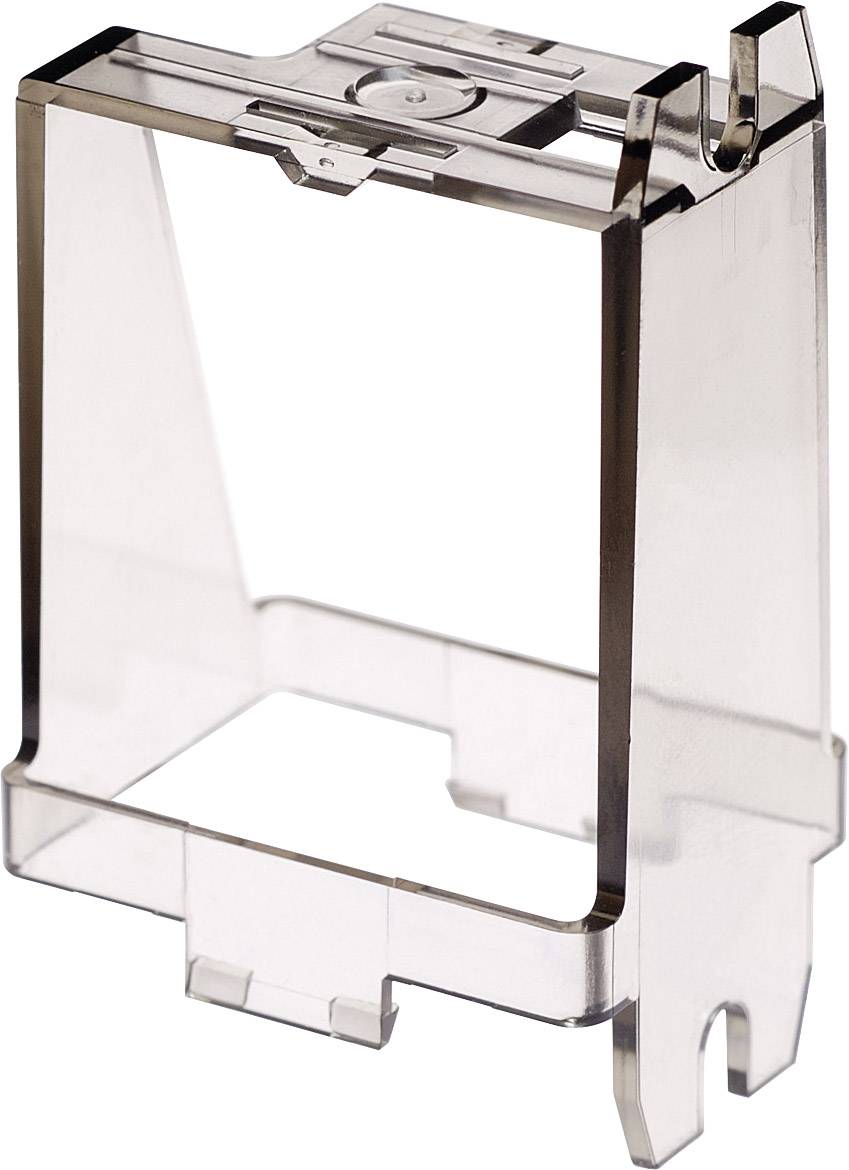 Supporto trasparente in plastica di forma rettangolare, in posizione verticale. Idoneo per contenere o sostenere un oggetto di dimensioni ridotte.
