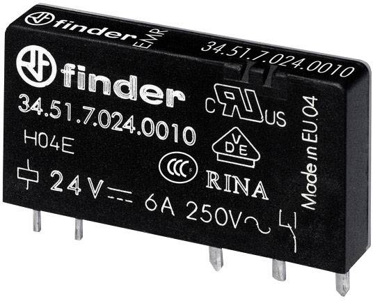 Un relè nero Finder, numero modello 34.51.7.024.0010, con specifiche: 24V, 6A, 250V, "Made in EU".