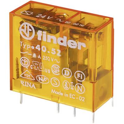 'Finder-Relè Tipo 40.52', arancione, 24V, 250V 8A, con certificazioni.