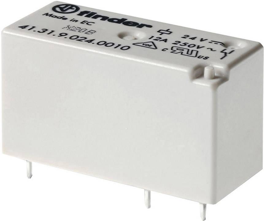 Relè Finder con scritta 'Finder Made in EC' e specifiche tecniche: 24V, 12A, 250V.