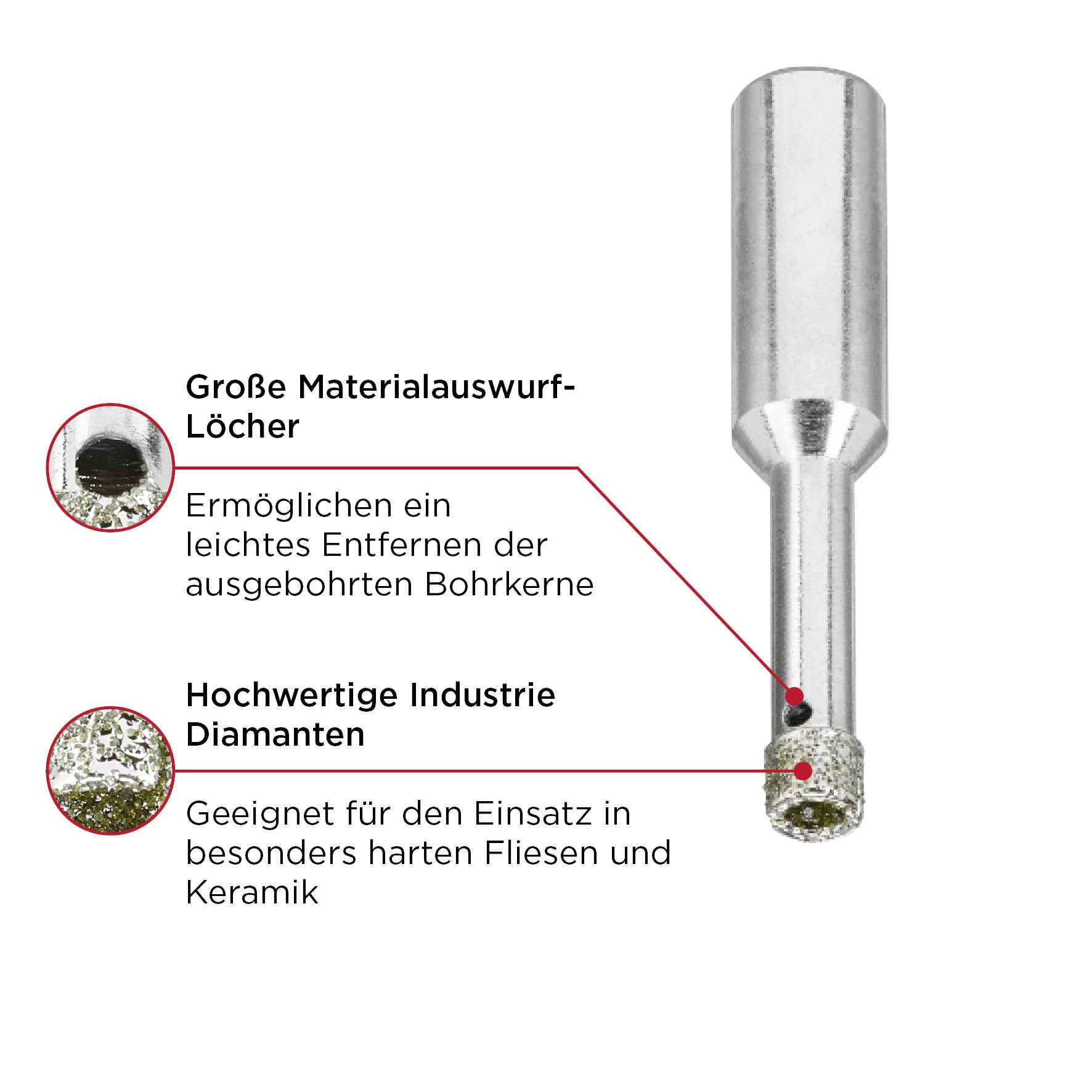 Corona per trapano con grandi fori di espulsione del materiale per una facile rimozione dei nuclei di perforazione. Diamanti di alta qualità per piastrelle dure e ceramica.