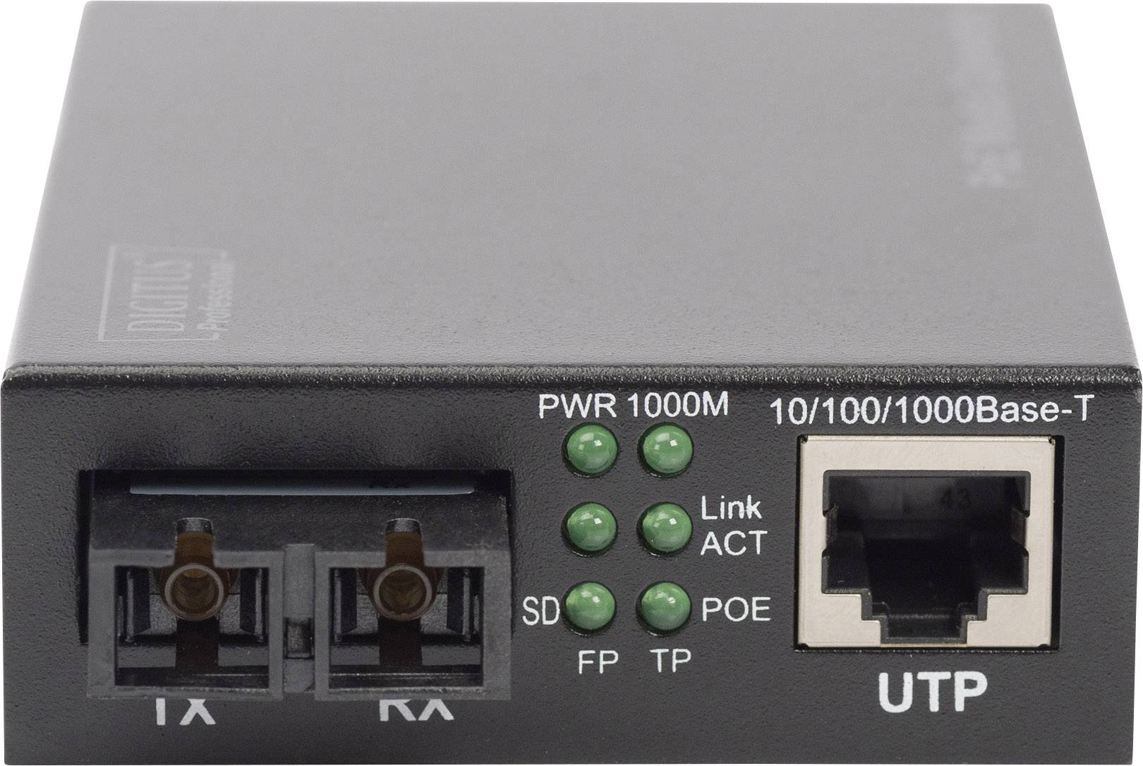 Un convertitore di media con porte per fibra ottica ed Ethernet, LED per l'alimentazione, il collegamento e l'indicazione POE.