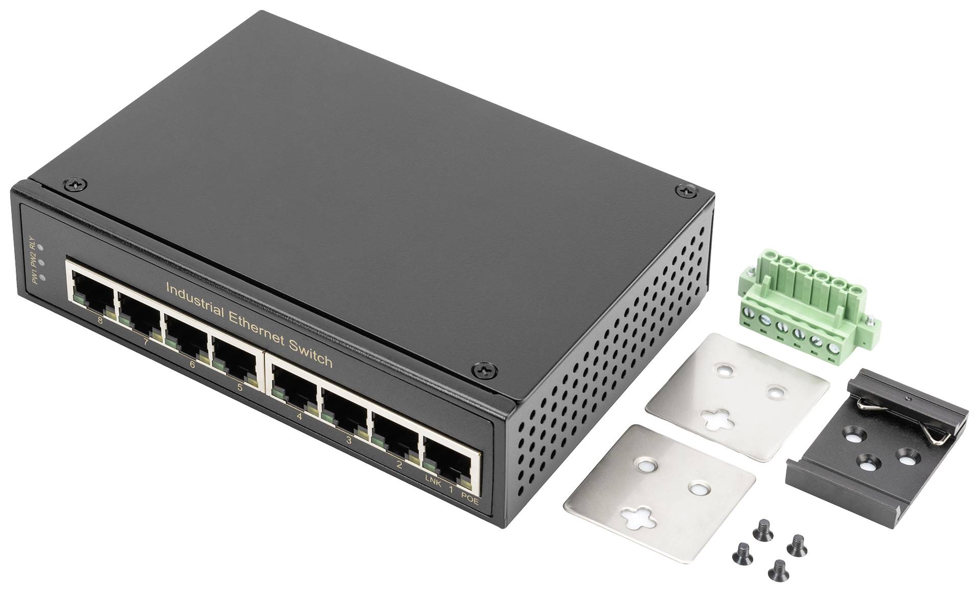 Un switch Ethernet industriale nero con sette porte, raffigurato con accessori di montaggio e viti su sfondo bianco.