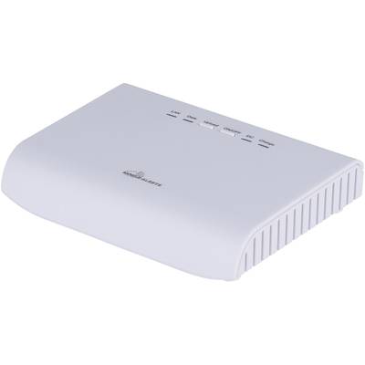 Un router bianco con quattro indicatori luminosi sulla parte superiore: 'LAN', 'Dati', 'Internet', 'PC'. Logo del produttore al centro.