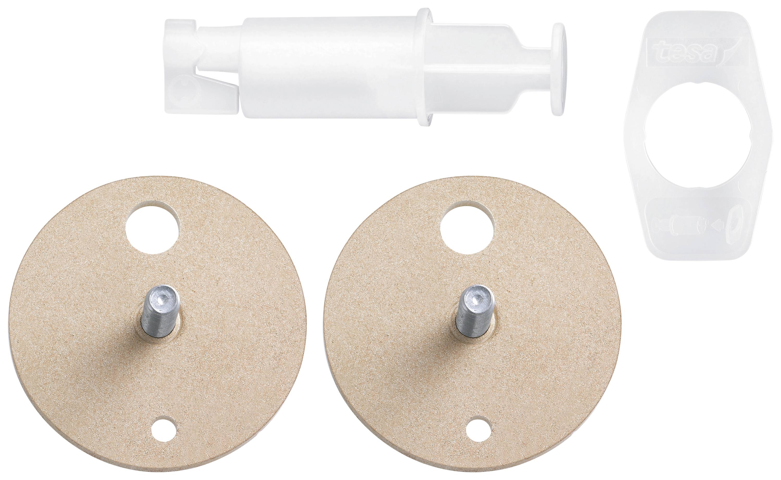 Kit di fissaggio in legno composto da due piastre rotonde, un tassello bianco e un supporto, probabilmente destinato all'installazione.